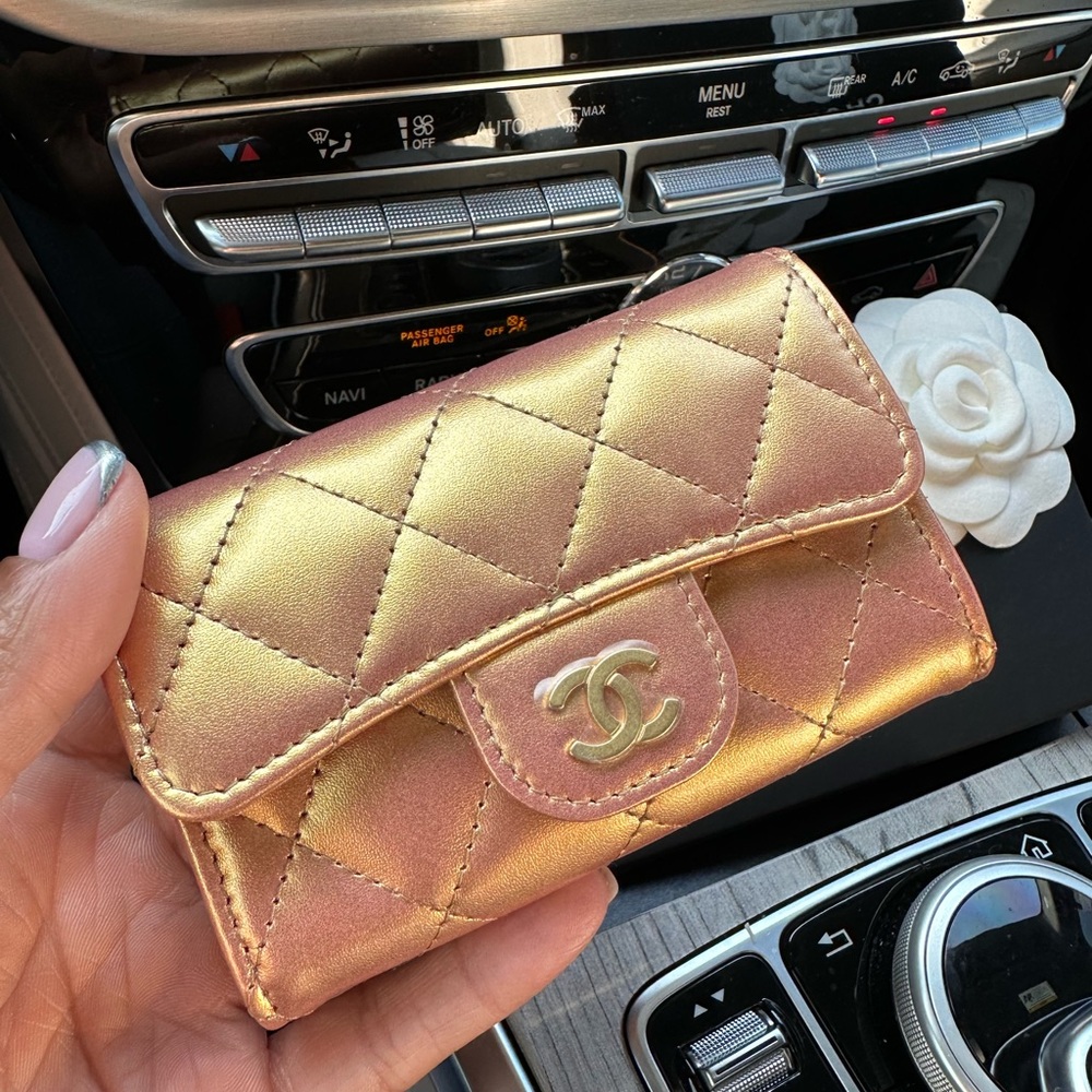 Lambskin Quilted Flap Card Holder Wallet Golden